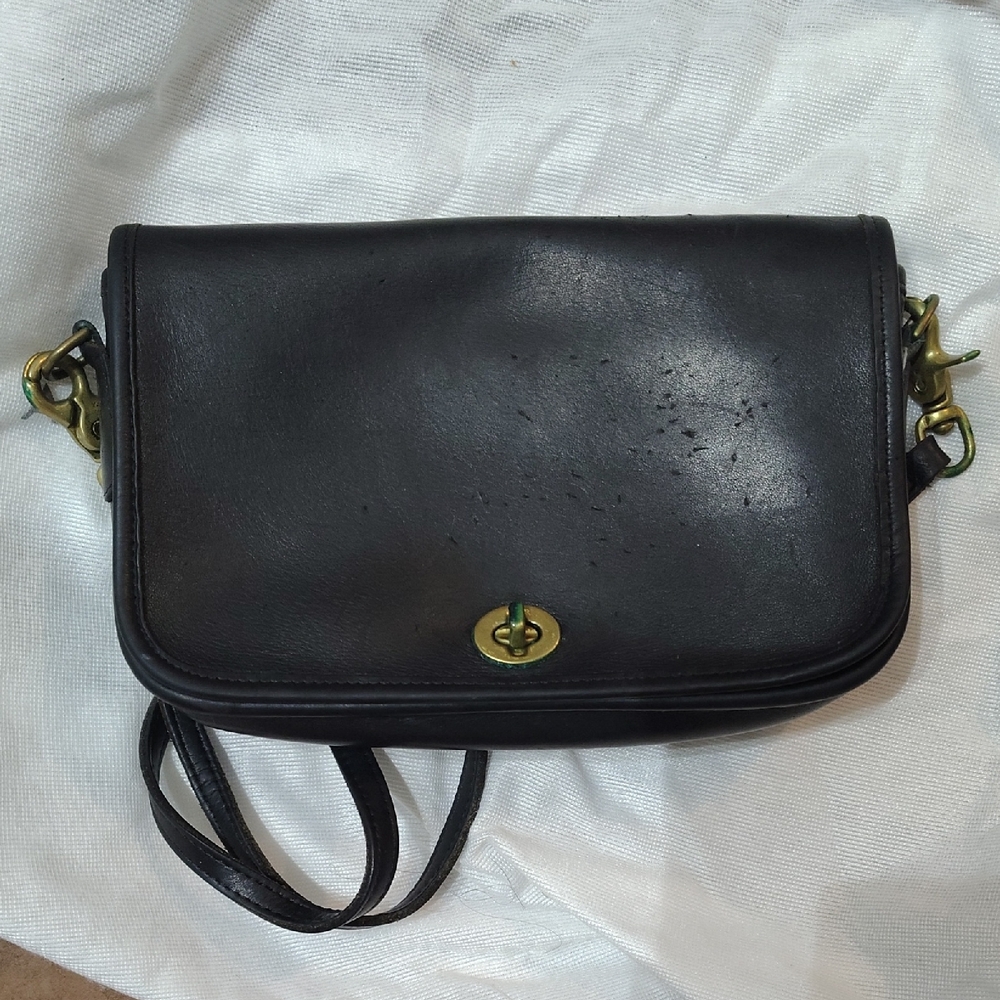 Coach Black Leather Crossbody with Gold Accents
